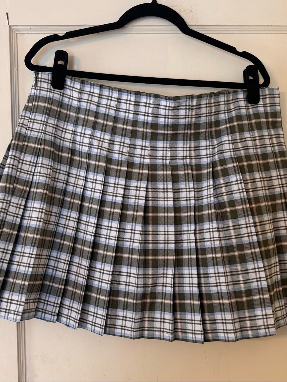 No Boundaries Olive and White Pleated Plaid Mini Skirt